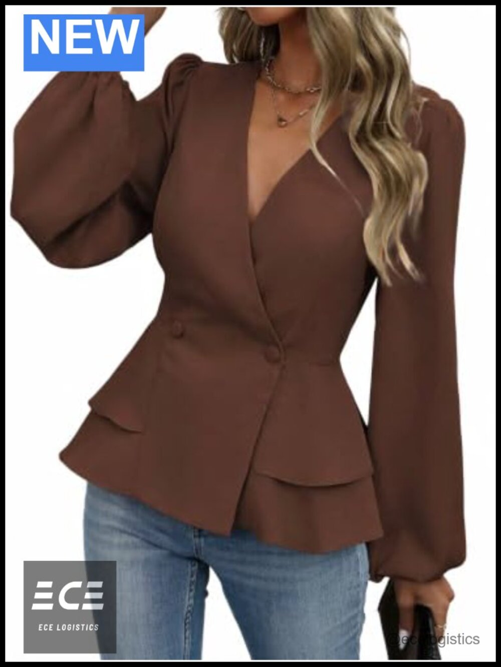 Narecte Womens Peplum Blouse V Neck Bishop Sleeve Work Top